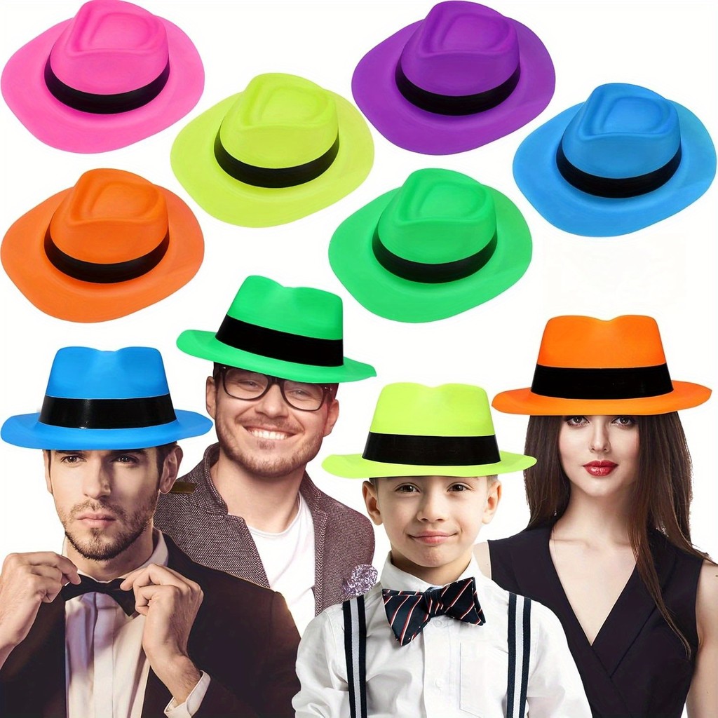 12 Pieces Neon Mafia Style Party Hats - Bright Dress Hats for Gangster Music Disco Birthday, Photo