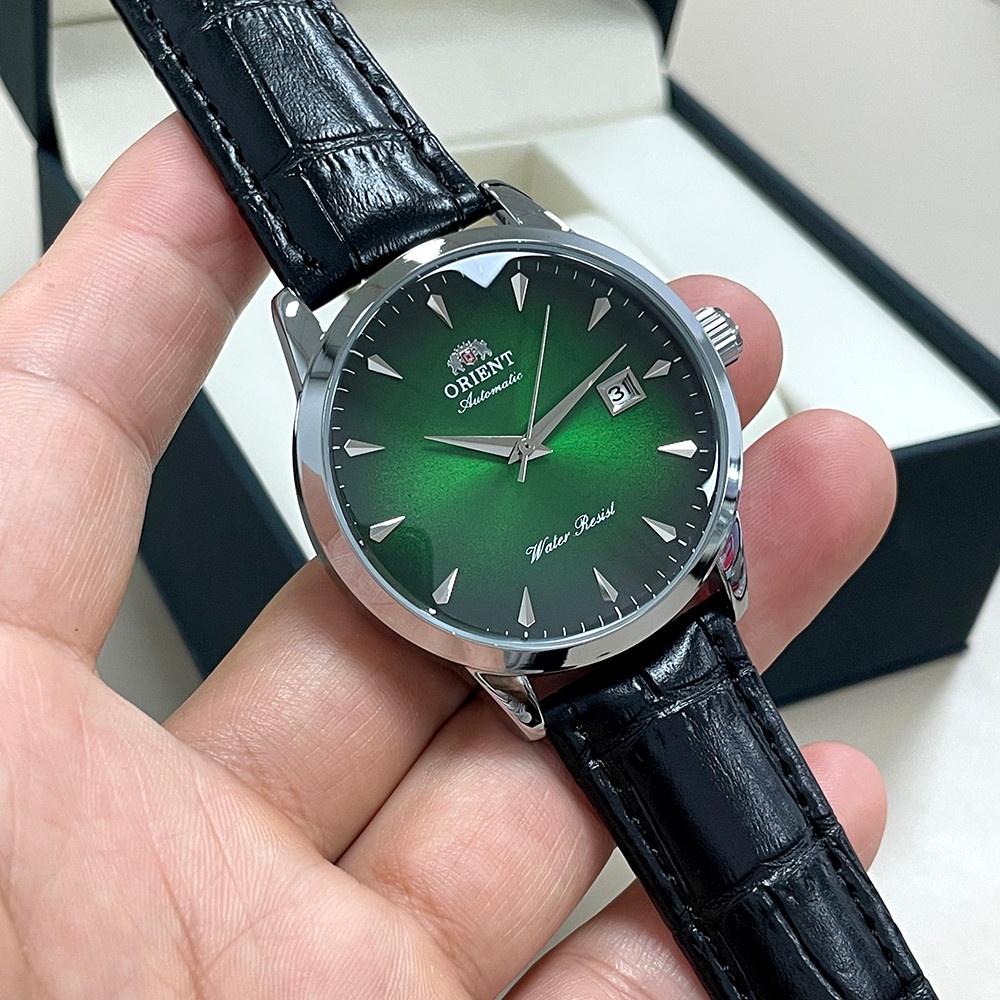 Orient Automatic Men's Watch Green Sunray Dial Black Leather Strap Water Resistant Classic Business