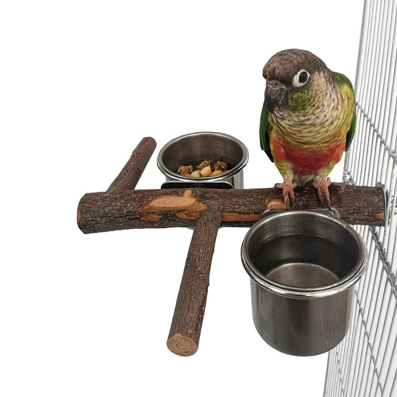 Stainless Steel Birds Parrot Feeder Bowl Round Small Pet Natural Wood Stand Food Water Drinking