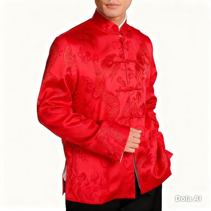 Promo Baju Imlek Cheongsam Pria Lengan Panjang Motif Naga Satin Sutera Import