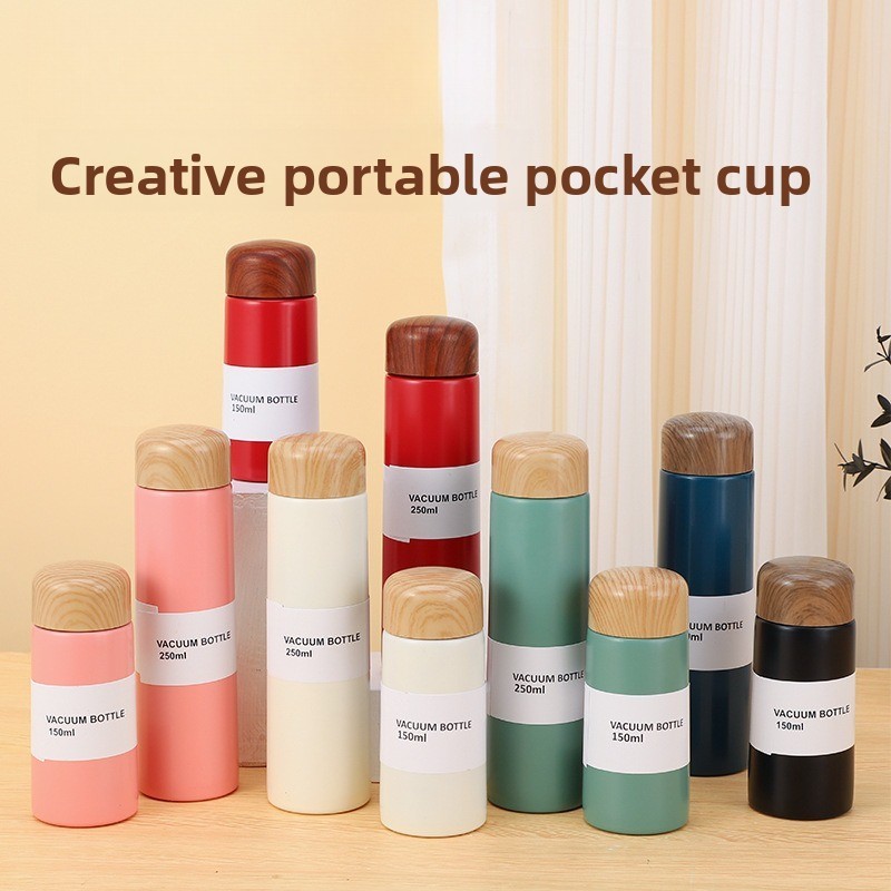 150ml/250ml Mini Cute Portable Stainless Steel Vacuum Flask Thermos Wood Grain Lid Insulated Bottle