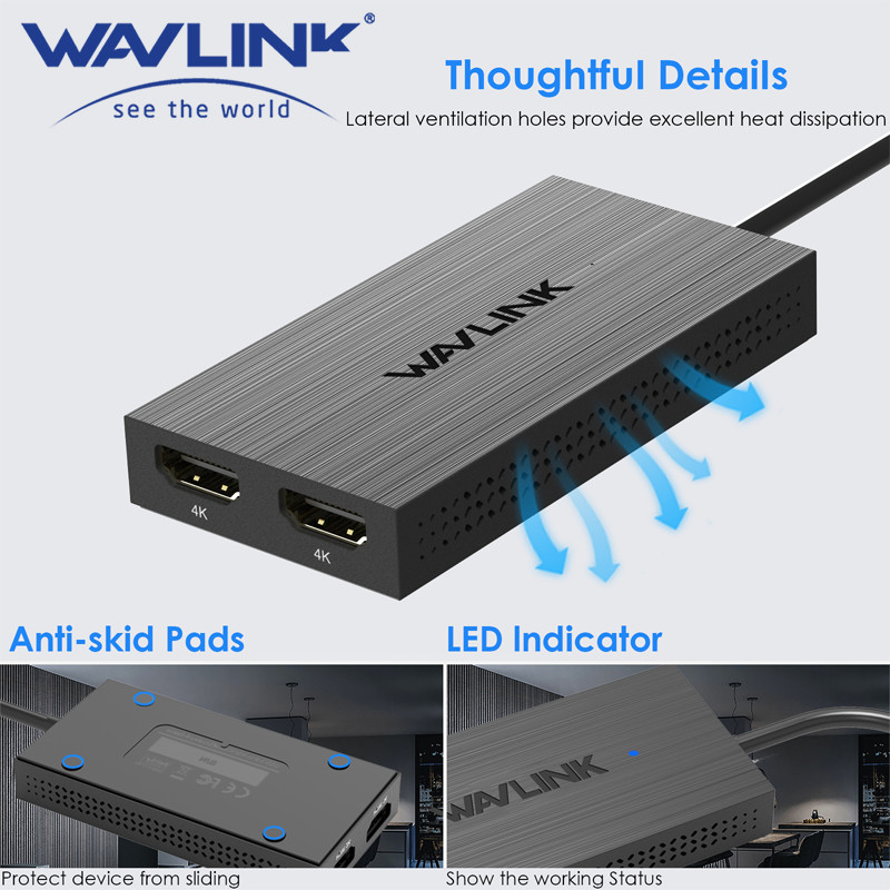 WAVLINK USB 3.1/USB C to Dual HDMI Adapter DisplayLink Dual 4K@60Hz Monitor Hub for Dell HP Surface