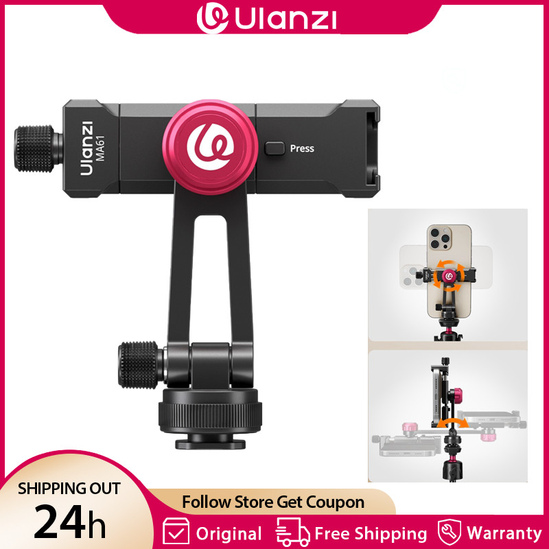 Ulanzi MA61 QuickClip Phone Clamp with Cold Shoe Mount with 360 Rotation 1/4" Screw 65-90mm Width