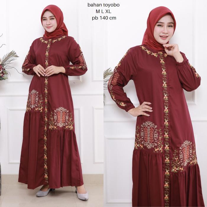 gamis bordir katun toyobo bordir fodo pintu aceh Muslim Wanita Baju Dewasa Panjang Dress Katun Polos