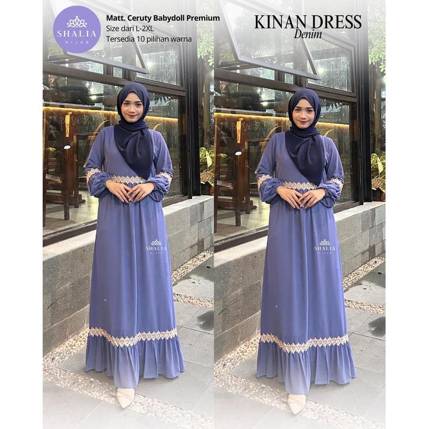 READY KINAN Dress Renda Bunga Cantik Dada Bawah Gamis Ceruty Babydoll Mewah Elegan Full Puring BUSUI