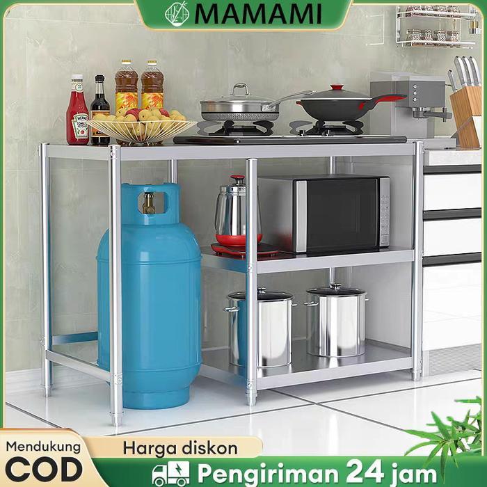 Meja Kompor Stainless Steel Meja Kompor 2 Tungku Rak Dapur Minimalis Serbaguna Rak Penyimpanan
