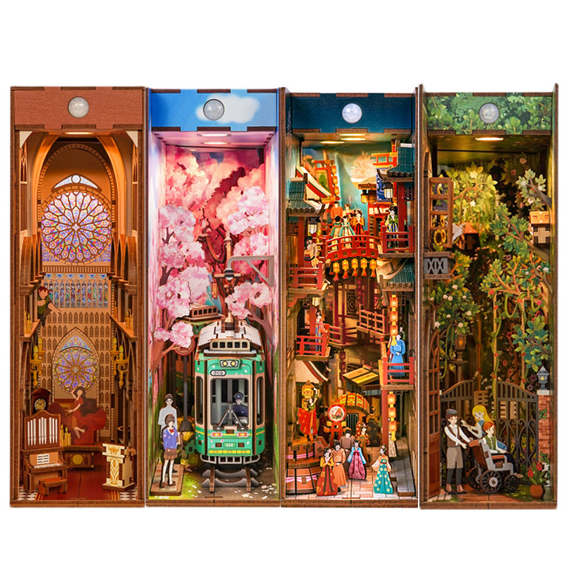 DIY Kit Sisipan Rak Sudut Buku Kayu Miniatur Bangunan Anime Furnitur Rumah Boneka Gang Bookends Main