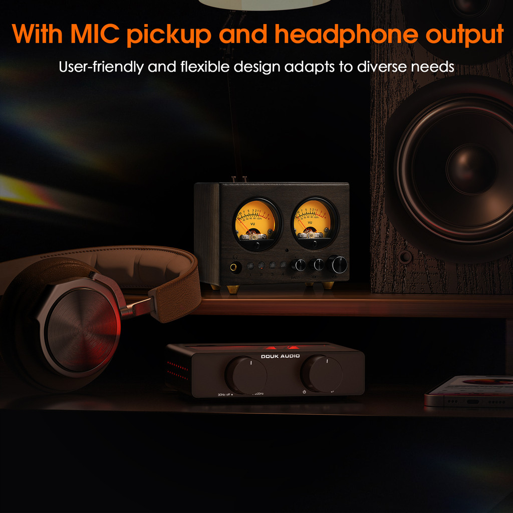 Douk Audio VU1-W 4-IN-1-OUT Audio Switcher Selector Stereo Preamp with VU Meter Remote Control