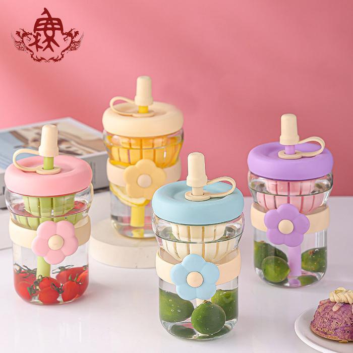Onion Botol Minum Kaca Motif Bunga 500ml dengan Sedotan Silikon & Tutup Plastik Import Unik untuk