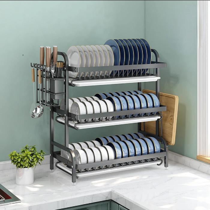 Rak Piring Wastafel 3 Susun / Rak Cuci Piring Penyimpanan Dapur Stainless