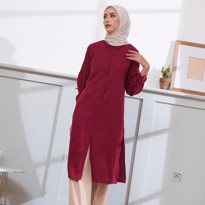 El-Zatta Attire - Atasan Kemeja Tunik Middle Slit Maroon