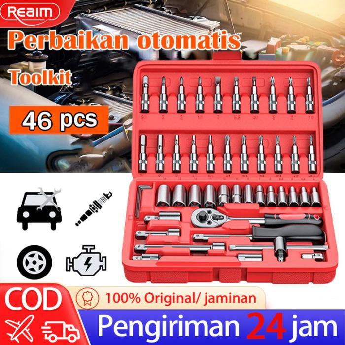 Reaim 46pcs Tool Kit Set Kunci Shock Set alat kunci pas 46pcs kunci Mata Sok lengkap obeng set kunci