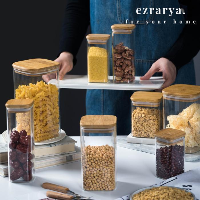 EZRARYA Toples Kaca Kotak Tutup Bambu L