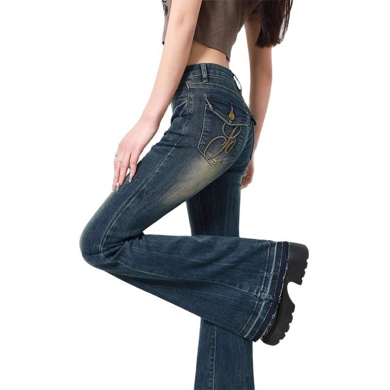 Women'S Blue Y2K Flare Jeans Baggy Harajuku Streetwear Aesthetic Denim Trousers Jean Pants Oversize