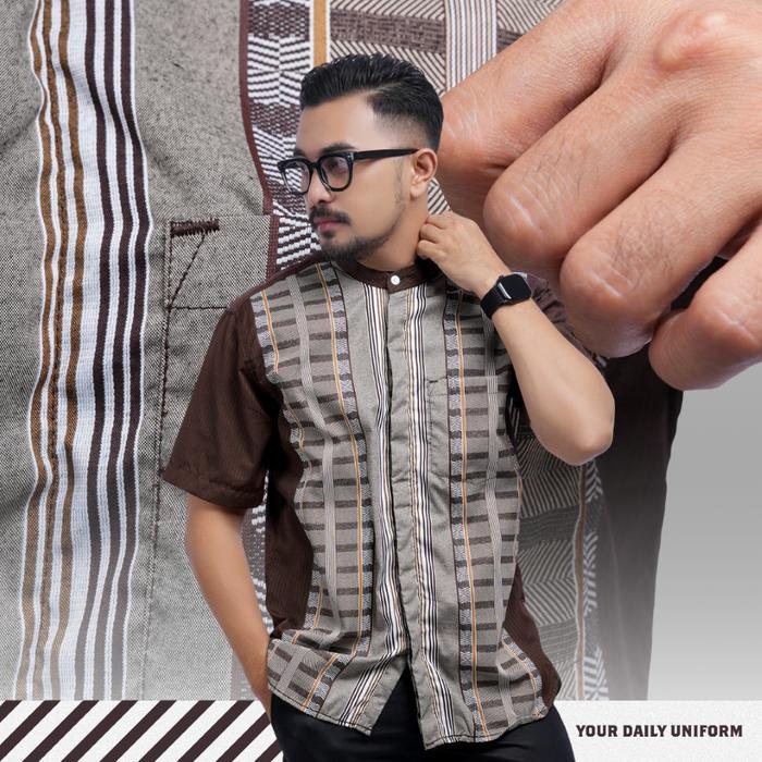 Promo- Dgm Baju Koko Pria Lengan Pendek Bordir Premium Coklat Mahogany Motif Argyle Baju Koko