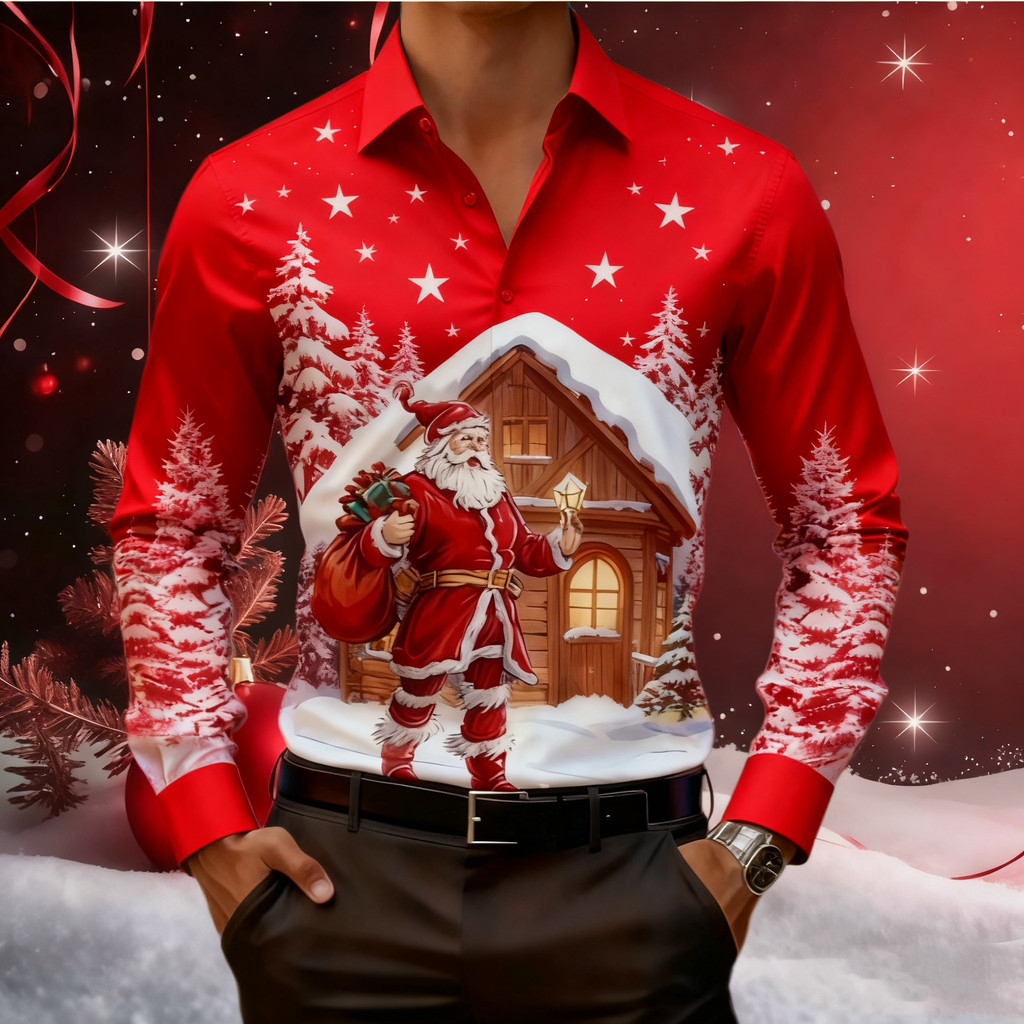 Men's button-down Christmas shirt, outdoor festive fun long-sleeved shirt, 3D printed collar, red