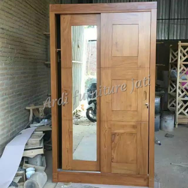 Lemari pakaian 2 pintu sliding almari kayu jati pintu kaca cermin
