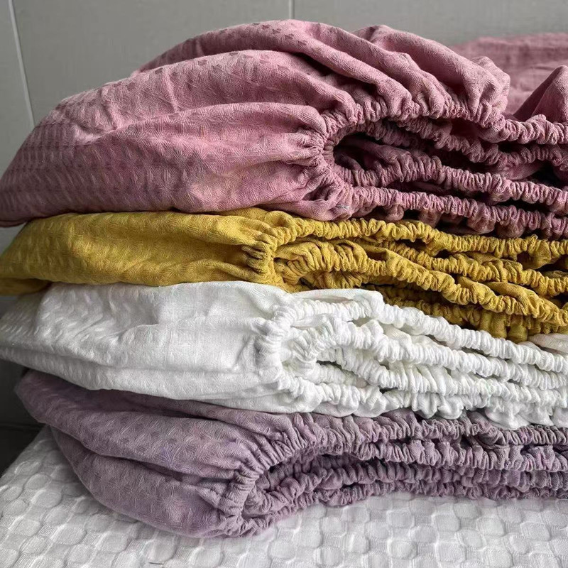 100% Cotton Waffle Pattern Fitted Sheet Twin Queen King Size Bedding Solid Color Thicked Bedsheet