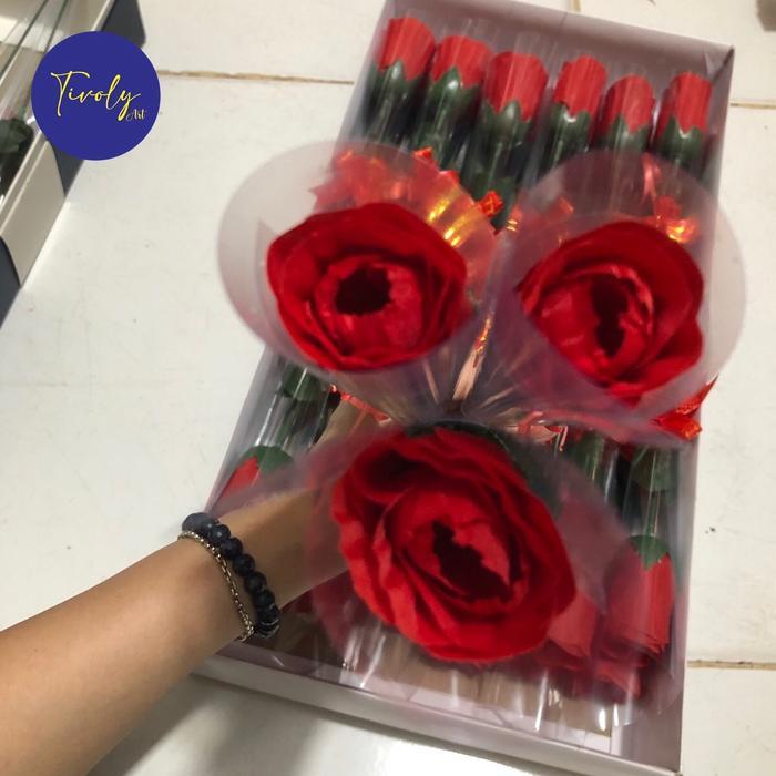 (10 pcs) GROSIR Bunga Mawar 1 Tangkai Plastik Bunga Valentine Bunga Mawar Artificial MERAH isi 10