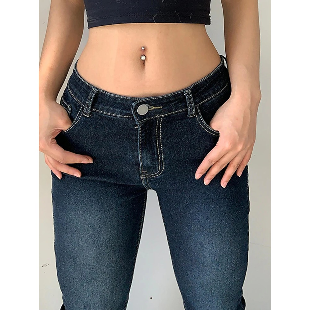 Kalevest Y2K High Street Low Rise Jeans Blue Women Pants Bootcut Pockets Jeans Streetwear Low Waist
