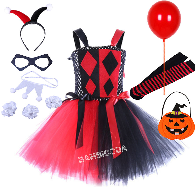 Girls Clown Joker Costume Cruella De Vil Halloween Villain Fantasy Cosplay Dot Fancy Dress Thday