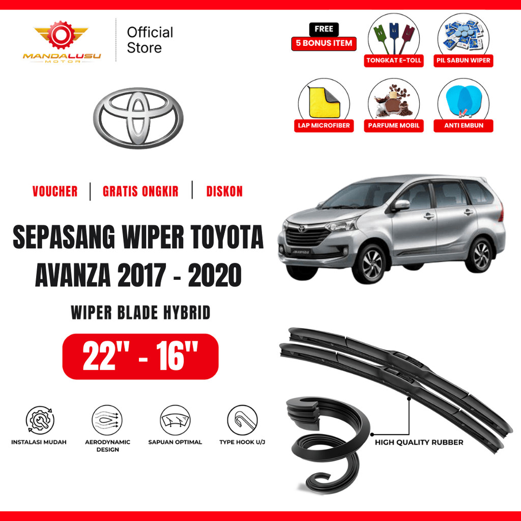 Wiper Toyota Avanza 2017-2020 Hybrid Kaca Depan Mobil Free 5 Bonus