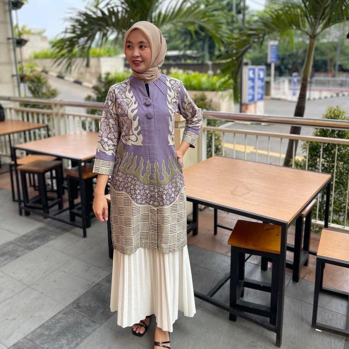Tunik dress batik model kancing depan motif ungu bahan Katun