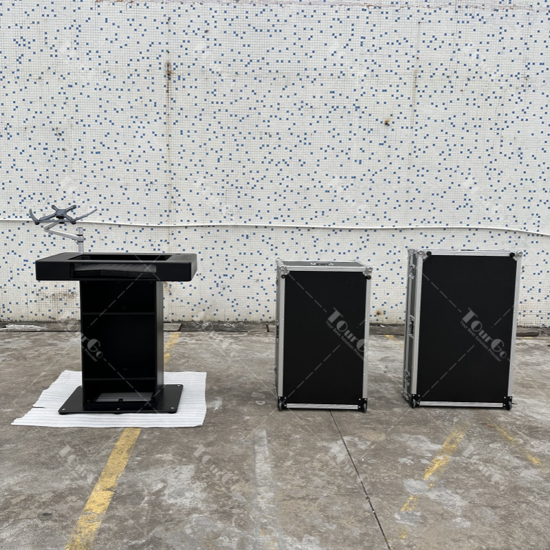 Black DJ Podium Booth Portable Control Tower Stand with Flight Cases and Laptop