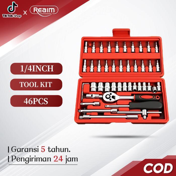 Reaim 46pcs Tool Kit Set Kunci Shock Set alat kunci pas 46pcs kunci Mata Sok lengkap obeng set kunci