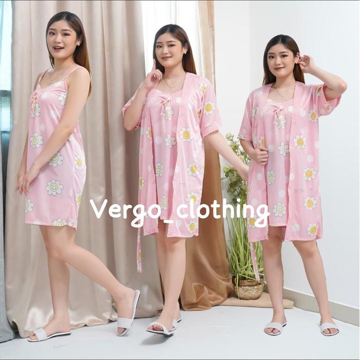 cnm Vergo - Baju tidur satin kimono 2in1 wanita motif bunga daisy XL dan XXL