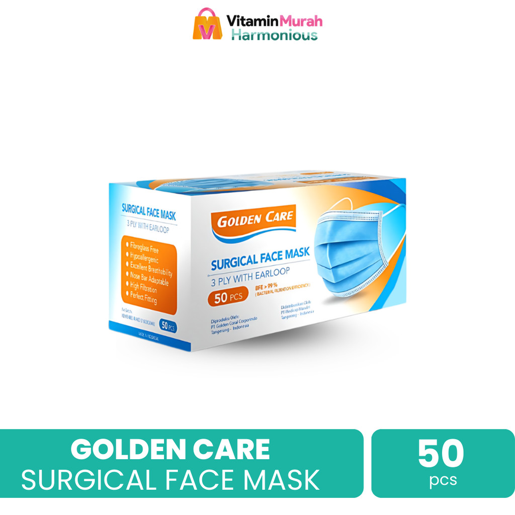 MASKER GOLDEN CARE 3 PLY WITH EARLOOP BFE 99 % 1 BOX ISI 50 PCS