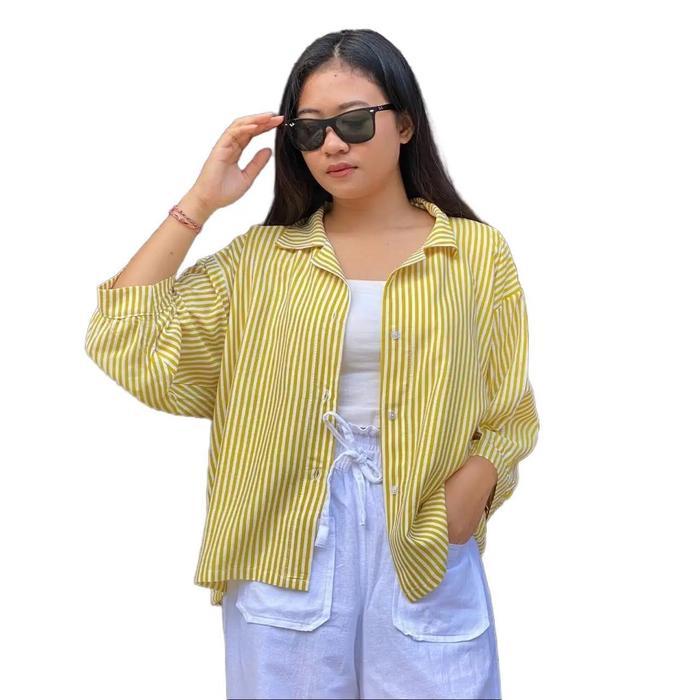 Kemeja Garis Jumbo / Atasan Batwing - Kemeja Cewek Outfit Rayon Baju Motif Baju Wanita Viral Kemeja
