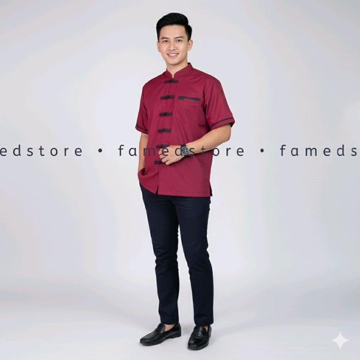 Premium Famedstore Baju Koko Muslim Cheong Sam Pria Lengan Pendek Kemeja Cina Maroon V2 Original
