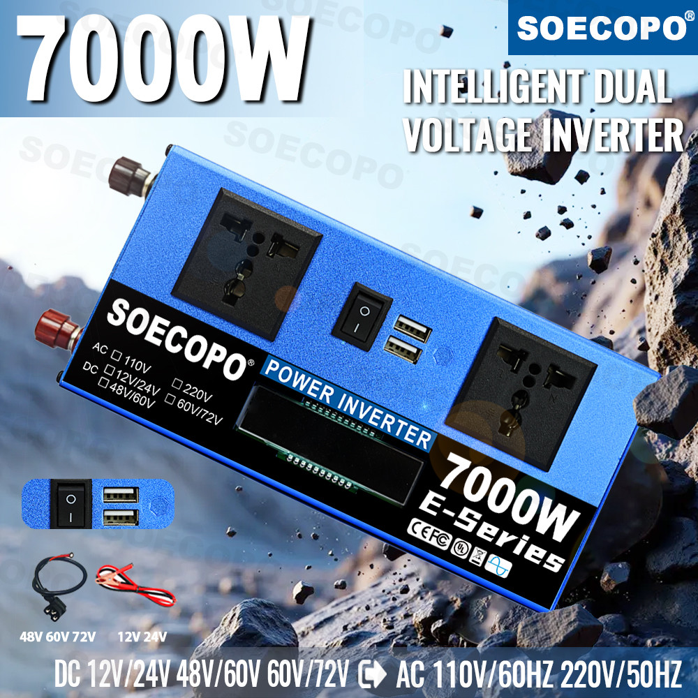 SOECOPO 7000W Certified Solar Inverter DC 12V/24V/48V To AC 110V/220V 2 Sockets (CE/FCC) Portable