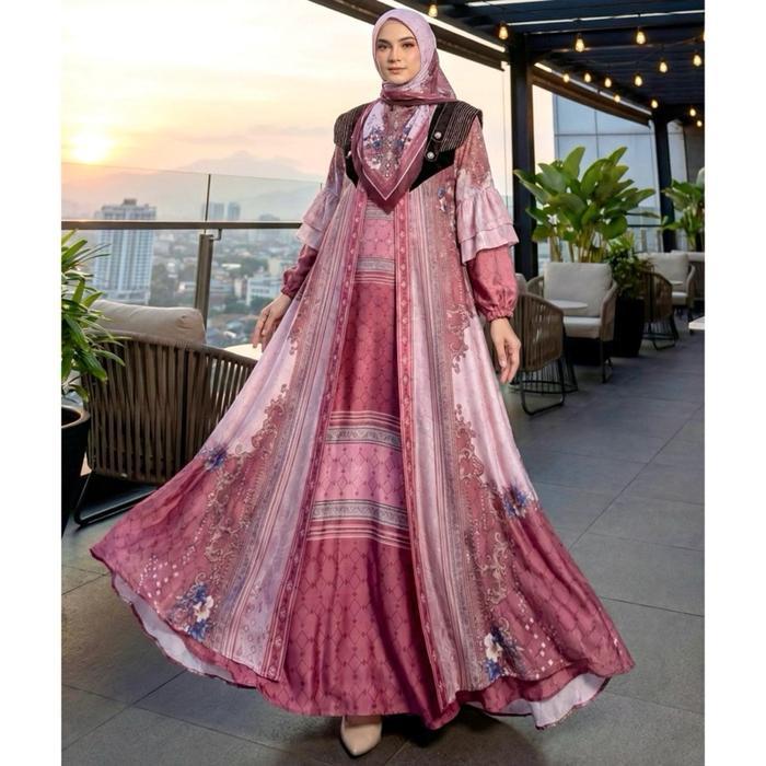 Trevana Gamis Dress Set Hijab 7411 Ori Bahan Silk Premium Mix Shimer Kombinasi Outer Lepas Pasang