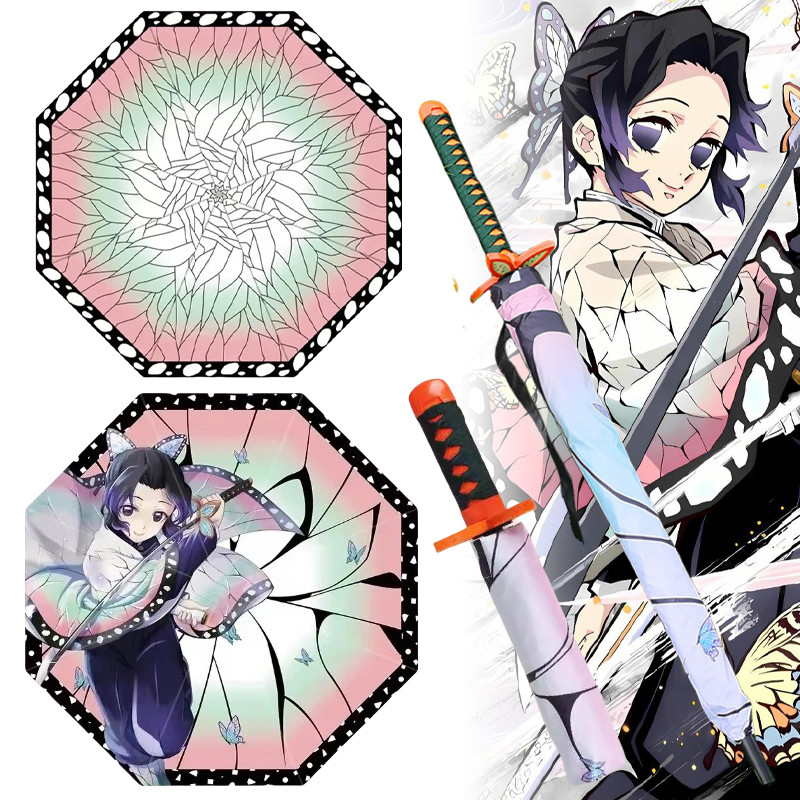PROMO   Demon Slayer Katana Umbrella Long Handle UV Blocking Black Parasol Kochou Shinobu Japanese K