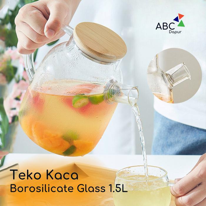 Teko Kaca Teh Pitcher Borosilicate Glass 1.5 Liter Tutup Kayu