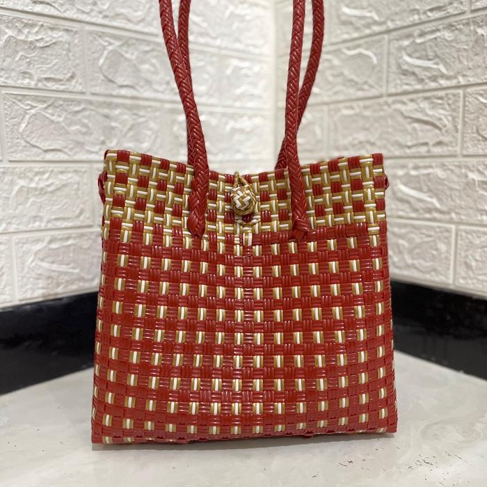 Tas Jali Merah Combi Gold FREE MACRAME RAINBOW anyaman tote wanita