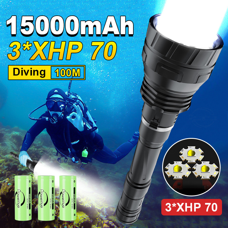 15000mAH Super Bright Diving Flashlight 3*XHP70 LED Professional Powerful Scuba Lantern IPX8