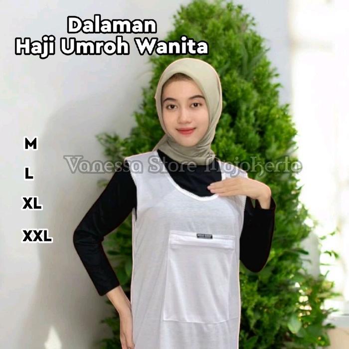 Dalaman Kaos Singlet Wanita Perlengkapan Haji Umroh Baju Atasan Putih Renda Saku Depan Resleting