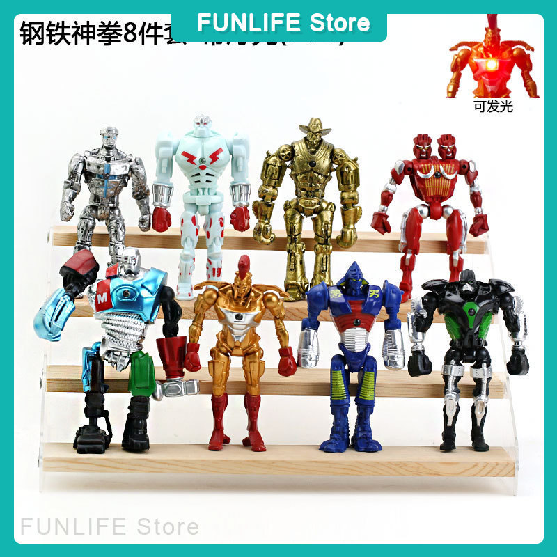 Real Steel Action Figures 8pcs Set Iron Armor Robot with Light Atom Zeus Noisy Boy Midas Ambush