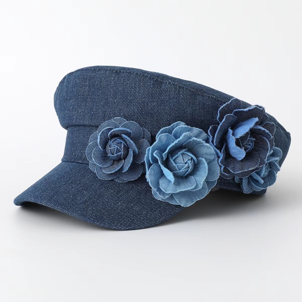 Fashion Cowboy Flat Top Navy Hat Flower Cotton Denim Octagonal Hat Big Head Waist Beret Cap Student