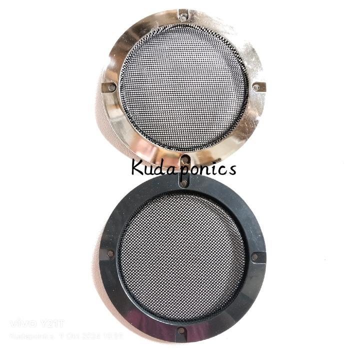 tutup grill speaker cover speaker 4 inch ring plastik tengah kawat logam warna Silver dan Hitam
