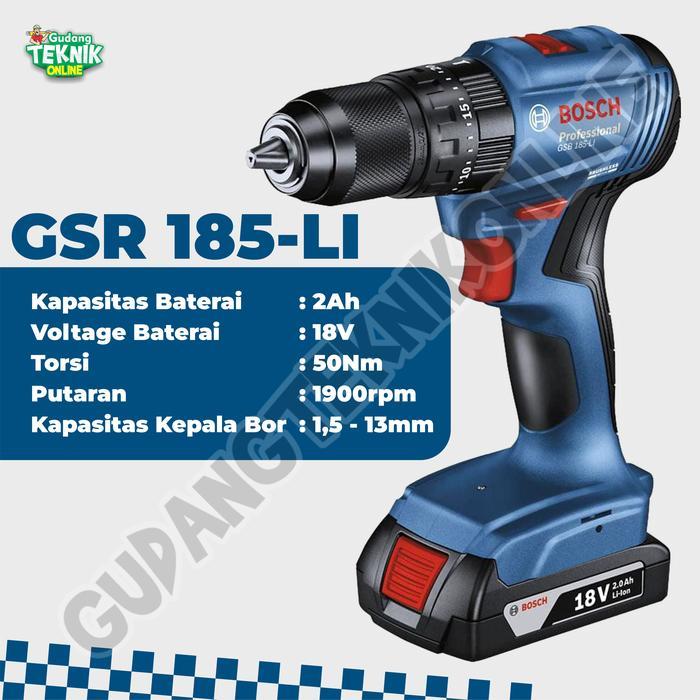 Mesin Bor Tangan 13mm BOSCH GSR185LI 18V CORDLESS / Mesin Bor Besi Kayu BATERAI GSR 185LI Cordless