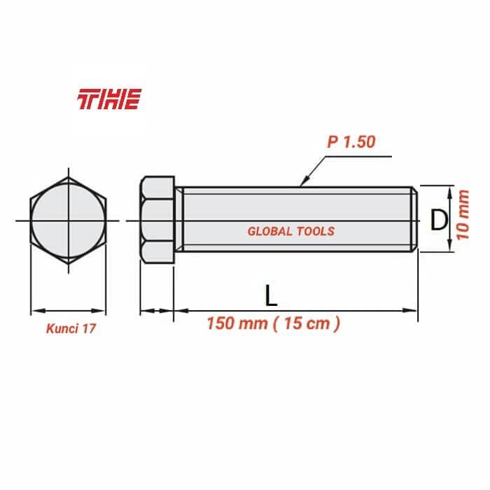 "New" Baut mur stainless m10 x 150 baut stainless panjang sus 304 baut 17 FT