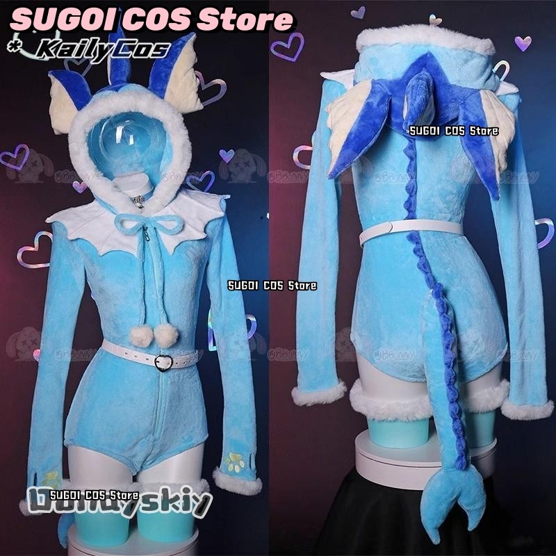 Anime Vaporeon Cosplay Costume Women Sexy Flannel Hooded Bodysuit Tail Socks Suit Bunny Girl Kawaii