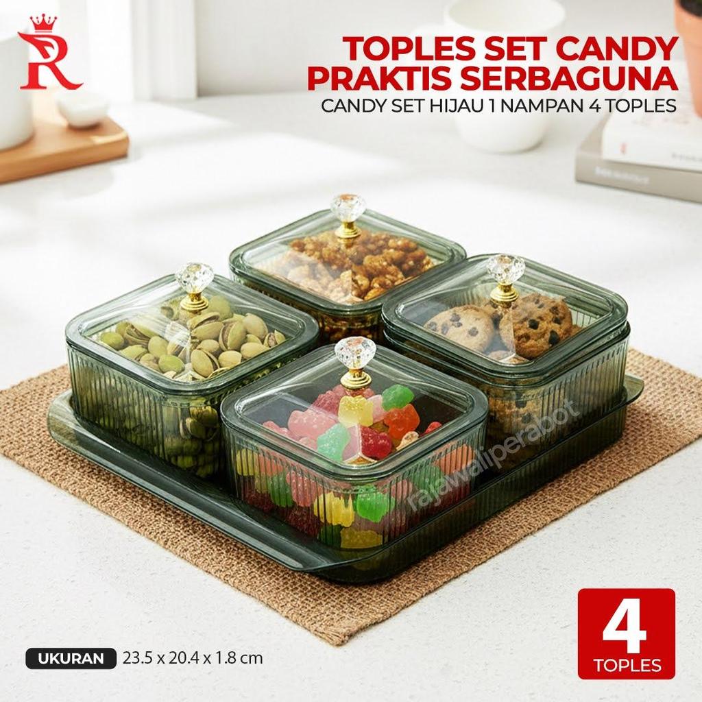 Toples Kue Snack Set 4 Hijau Motif Tutup Kristal + Nampan