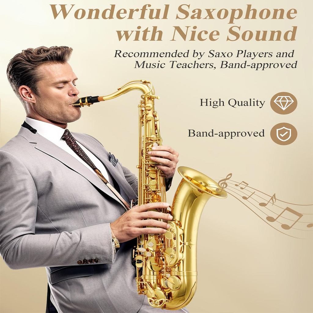 SLADE Tenor Saxophone B Flat Golden Lacquer Beginner Saxophone with Cleaning Cloth Carrying Case
