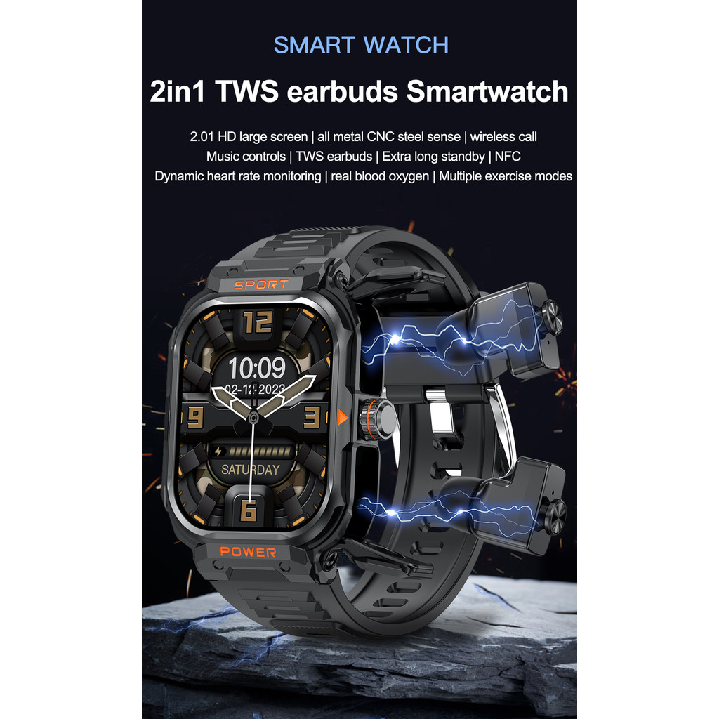 GT55 Headset Smart Watch 2.01inch Large Screen TWS 2 in 1 Wireless Earphone Bluetooth Sport Earbuds