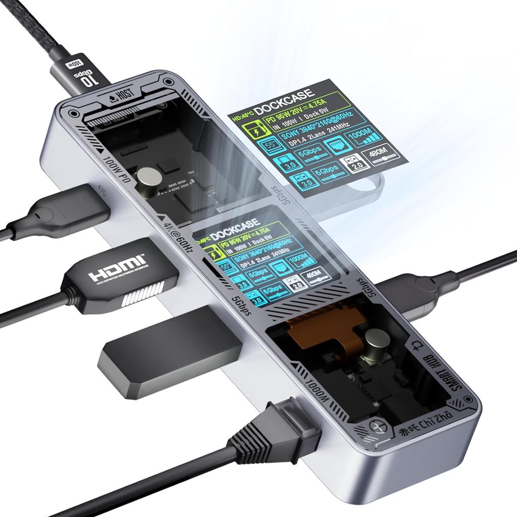 Dockcase Smart 6-in-1 USB-C Hub Cyber style With LCD Display & PD & HDMI & Type-C